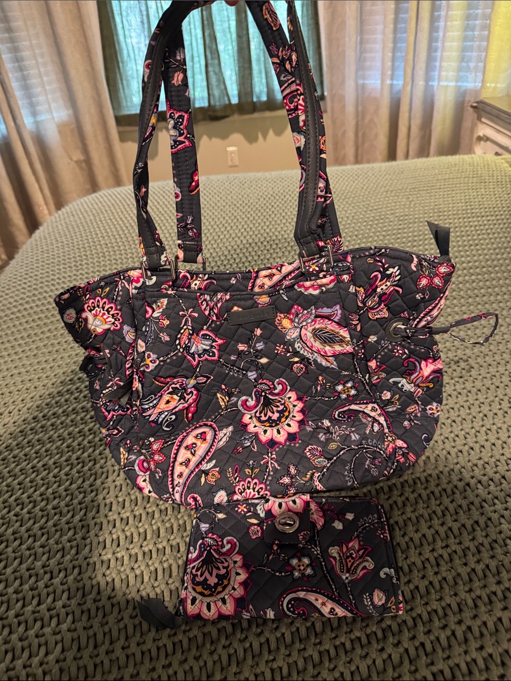 Vera Bradley Quilted Paisley Tote and Wallet in Grey and Pink
